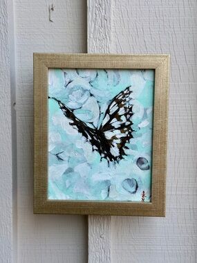 Original Butterfly Wall Art in Aqua with Gold Frame